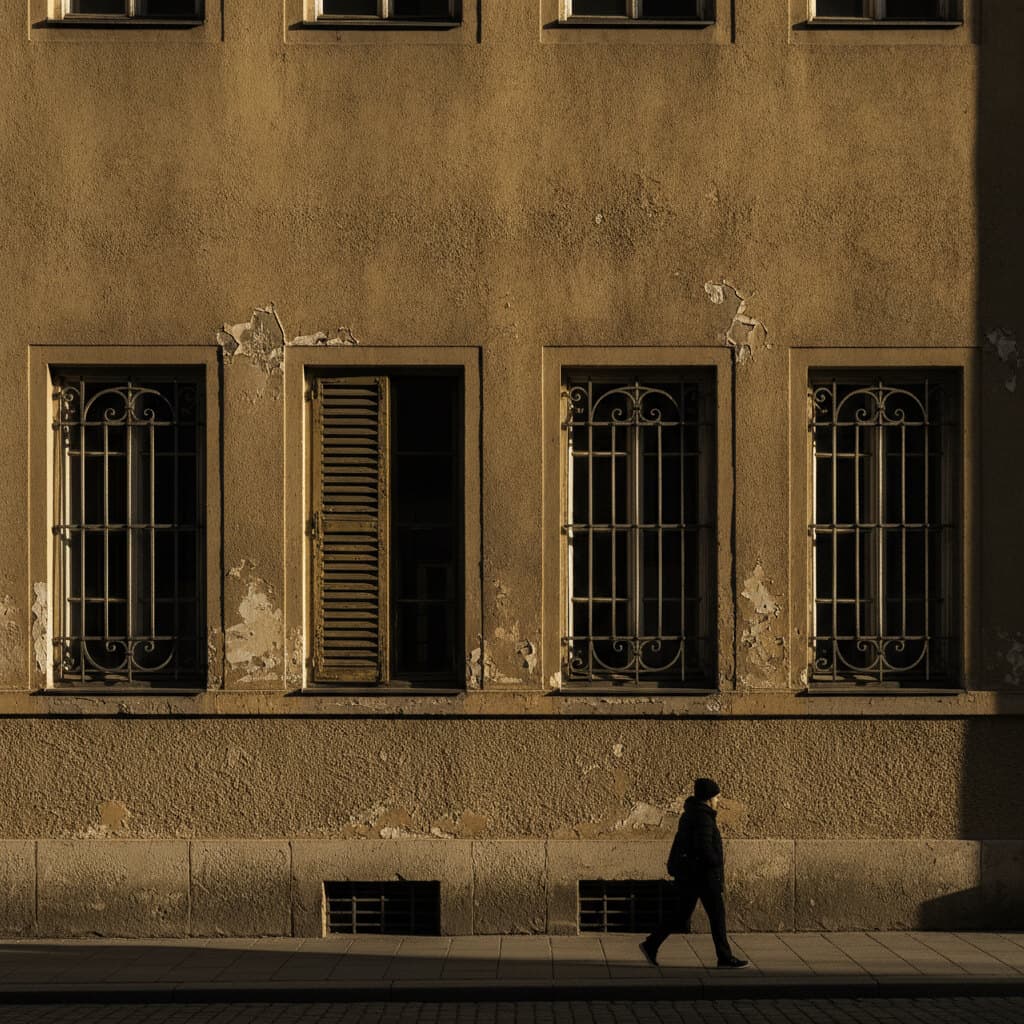 Reihe hoher Fenster mit schmiedeeisernen Gittern auf einer verputzten Fassade, eine Person klein davor