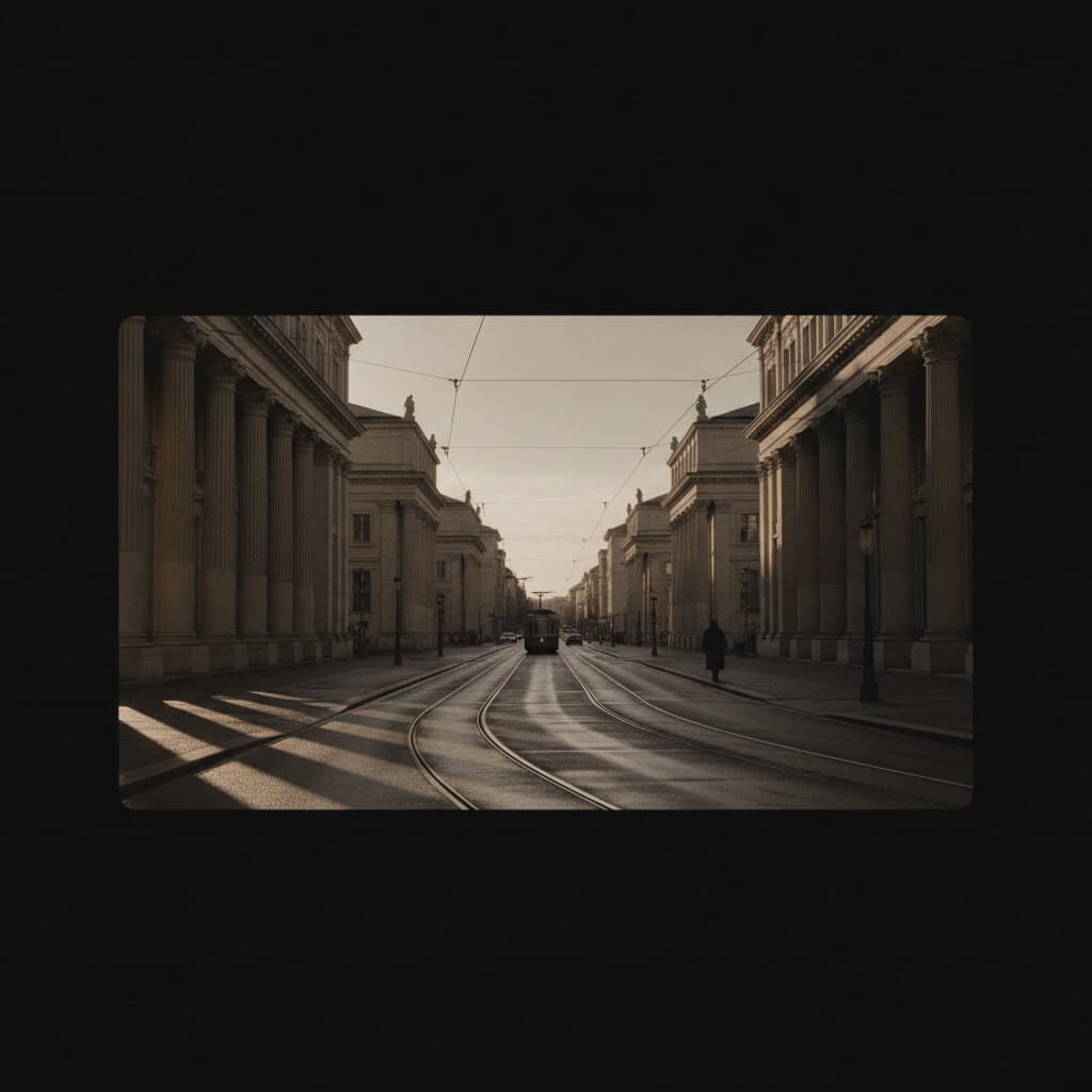 Klassizistischer Boulevard mit Säulenbauten, Tramgleisen im nassen Asphalt und langen Schatten
