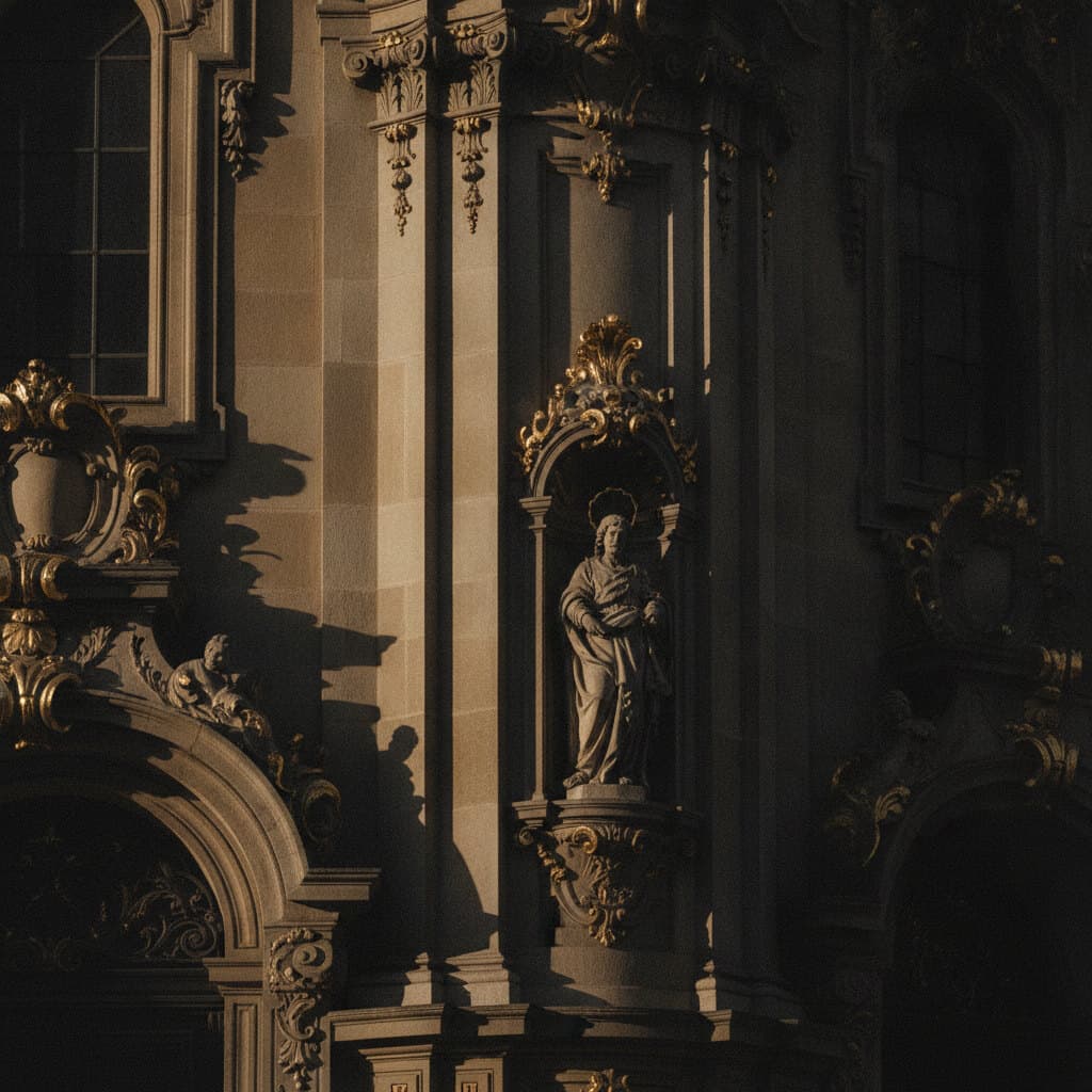 Vergoldetes Barockornament mit einer Figur in einer Nische, hartes Streiflicht auf dem Relief