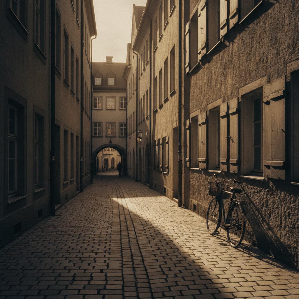 Schmale Kopfsteingasse zwischen hohen Altbaufassaden, ein Fahrrad an der Wand, Streiflicht auf dem Pflaster