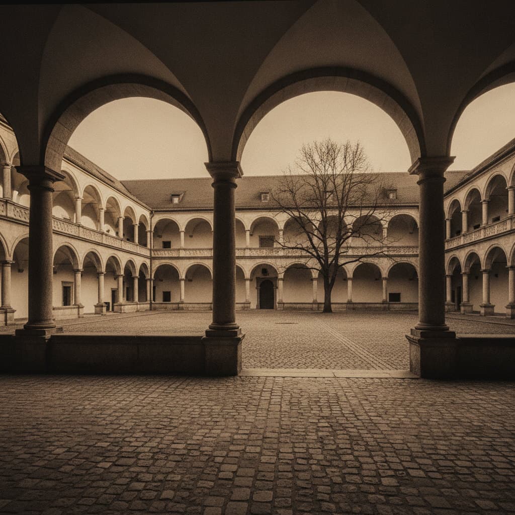 Innenhof mit zweigeschossigen Arkaden, altem Kopfsteinpflaster und einem kahlen Baum in der Mitte