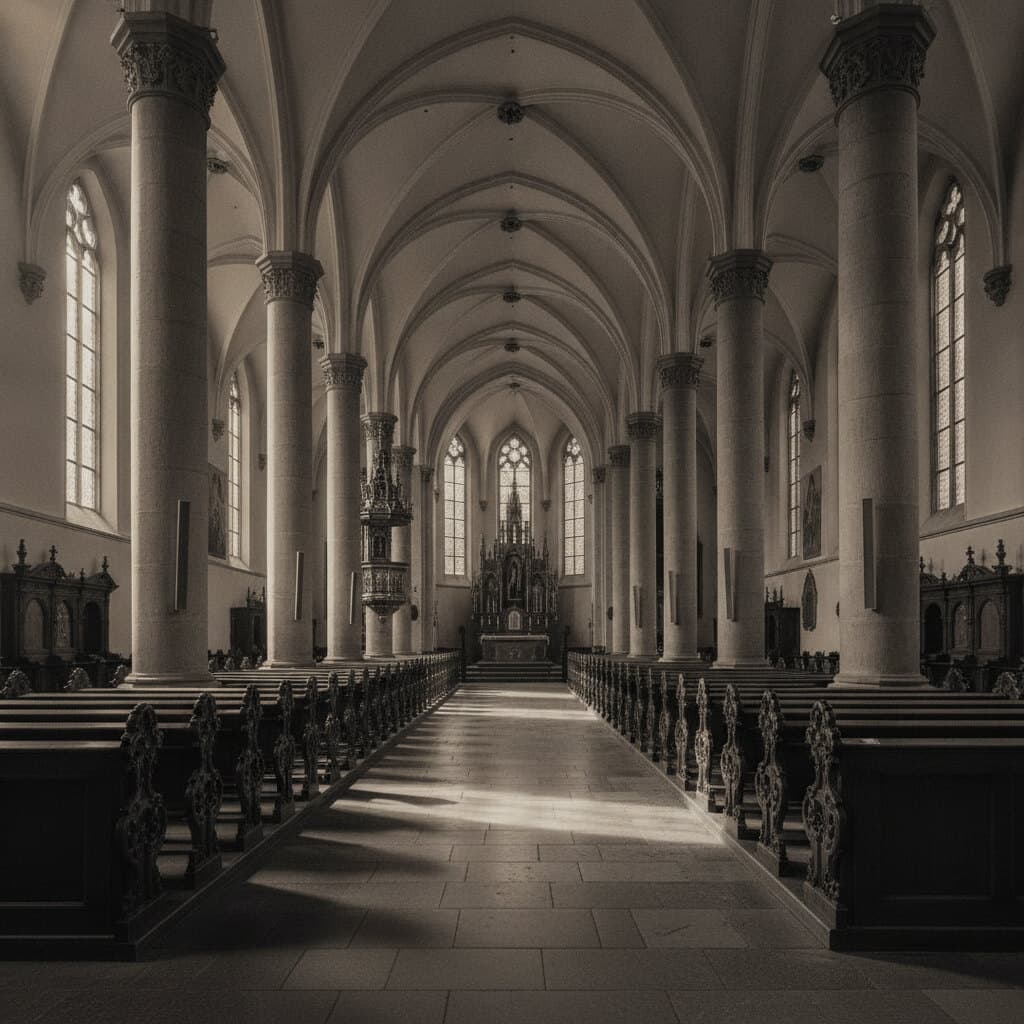 Leerer Innenraum einer historischen Kirche mit weissem Gewölbe und dunklen Bankreihen