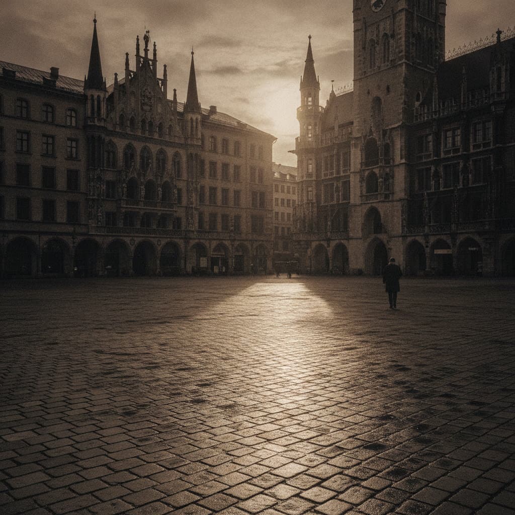 Weiter, fast leerer Platz mit nassem Kopfsteinpflaster vor einer neugotischen Fassadenfront mit Turm