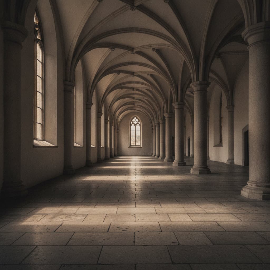 Leerer historischer Gewölbesaal mit Säulen, hohen Bogenfenstern und Lichtflecken auf dem Steinboden