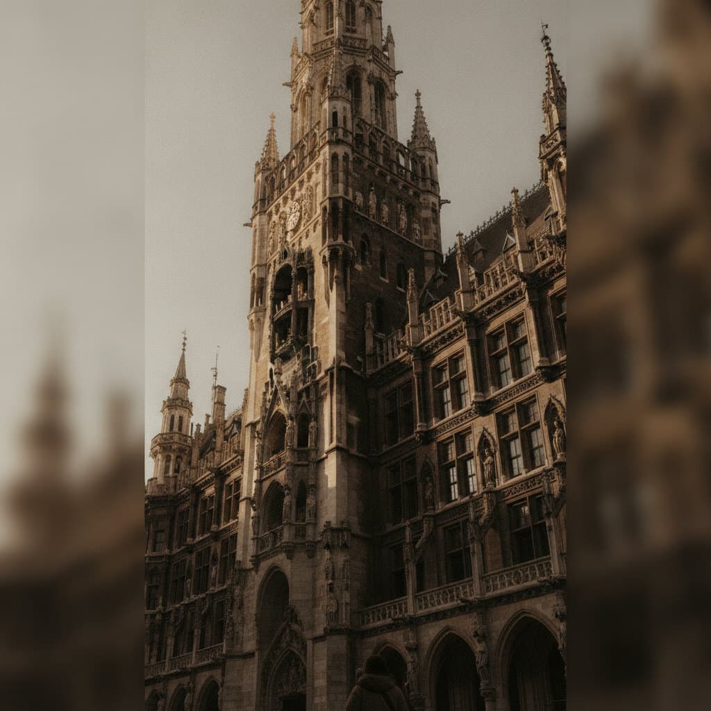 Neugotische Fassade mit Turm und Masswerk aus starker Untersicht, Schwarzweiss