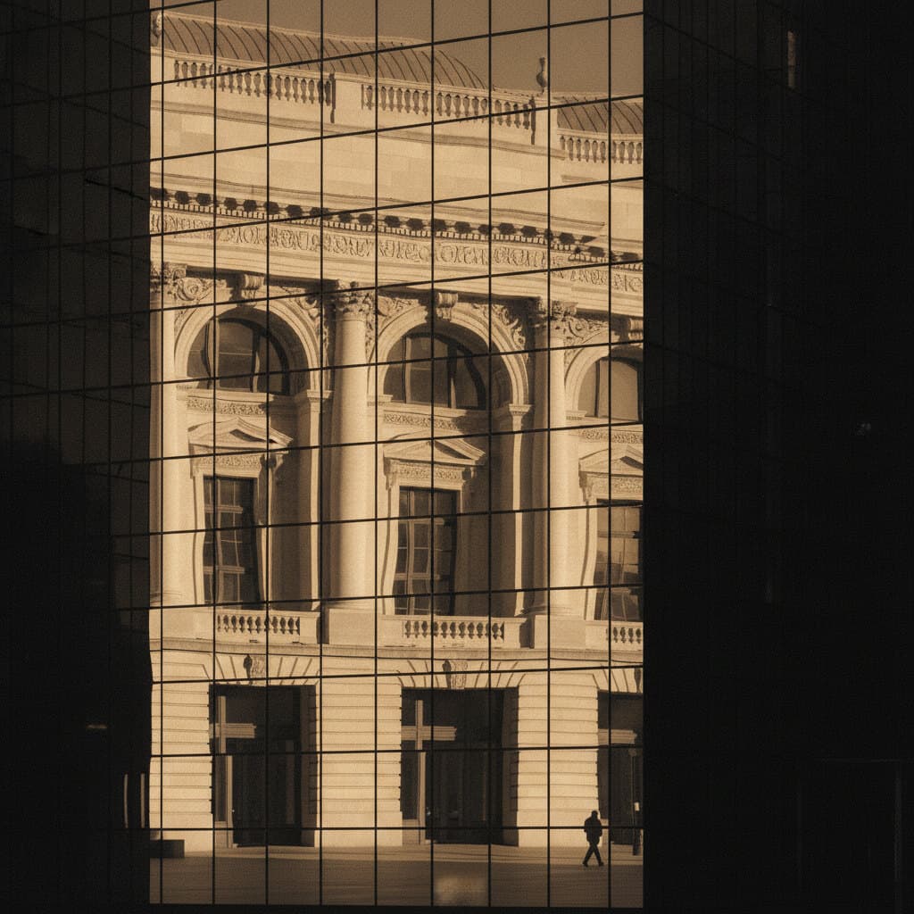 Historische Steinfassade, gespiegelt in der Glasfassade eines modernen Bürohauses, Schwarzweiss