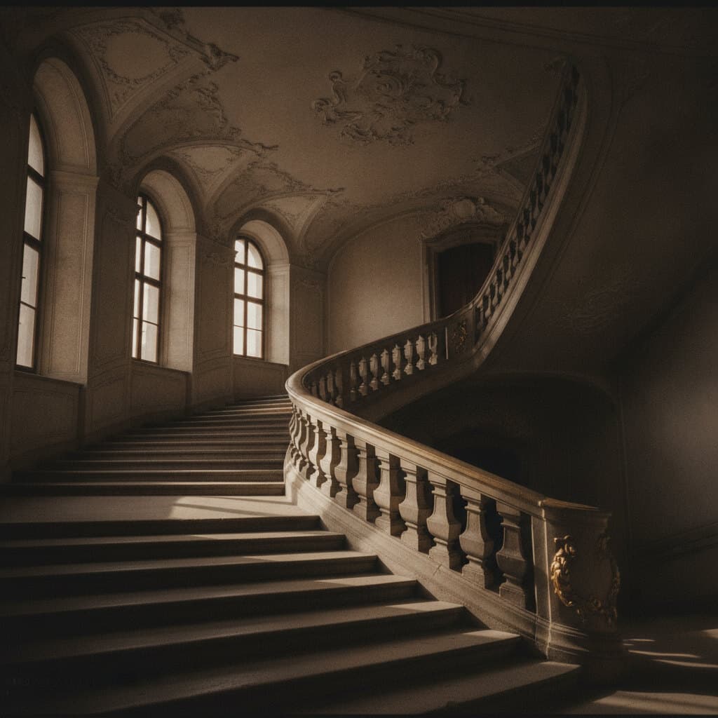 Geschwungene Treppe mit steinerner Balusterbrüstung unter einer Stuckdecke, Licht aus hohen Rundbogenfenstern