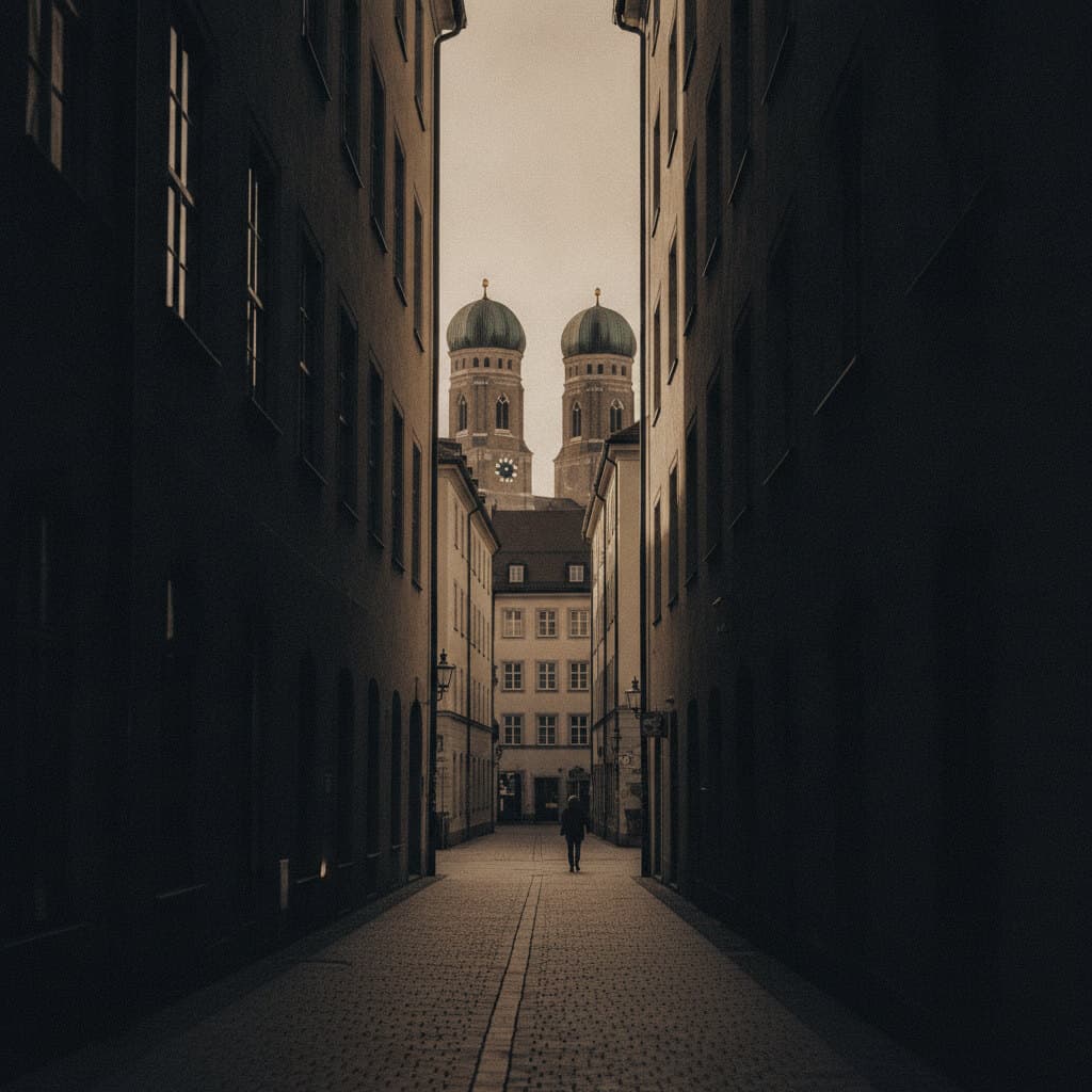 Zwei Zwiebeltürme, eingerahmt von zwei dunklen Hauswänden einer engen Gasse
